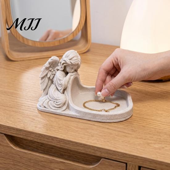 Imitation Stone Texture Tray Angel Figurine Key Tray, Faux Catchall Decorative Small Item Holder for Entryway Desktop Storage Dish Table Home
