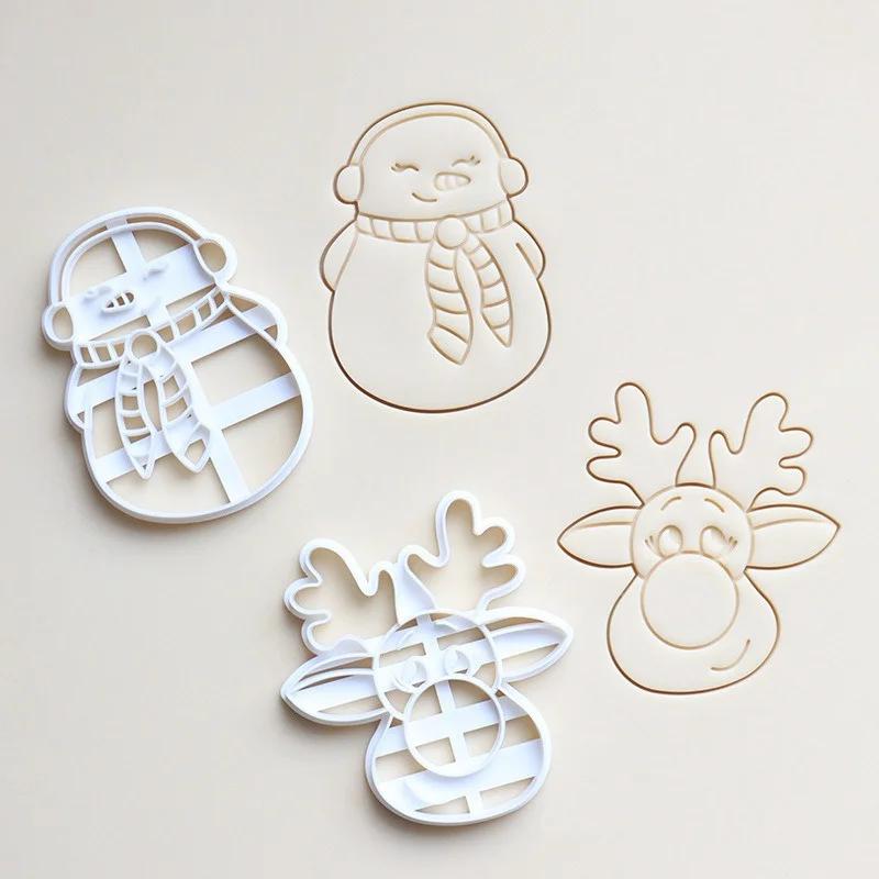 Christmas Cookie Cutters Snowman Deer Biscuits Embossing Stamp Mould for Happy New Year Xmas Party Baking Cake Decorating Tools