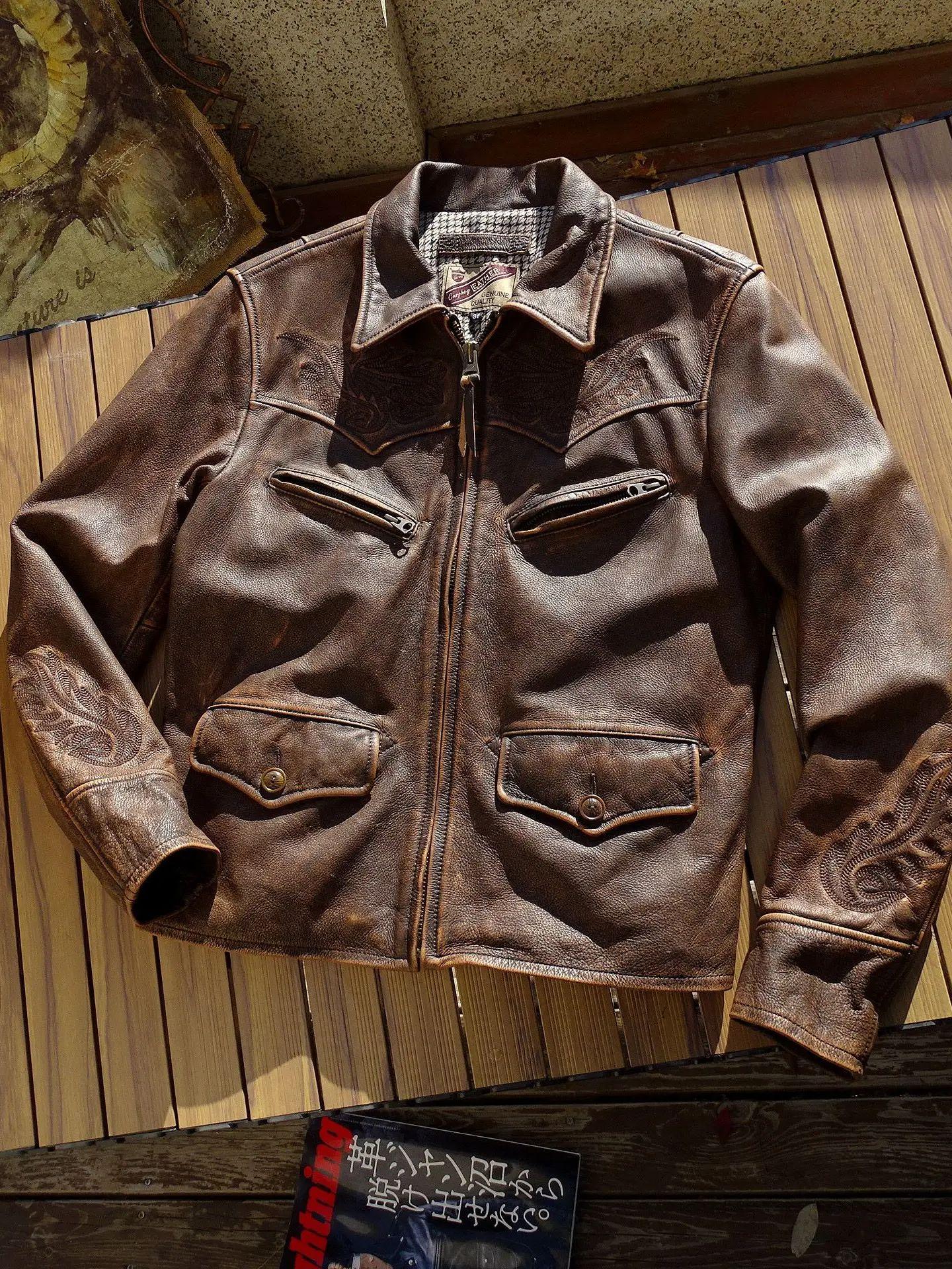 

Мужское пальто из натуральной коровьей кожи с вышивкой, винтажная коричневая куртка, костюм для мужчин, осень-весна 4XL коричневый