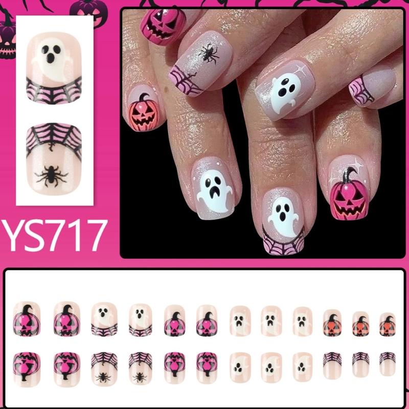 Halloween Fake Nail Short Square Spiders Web Pumpkin Art Durability NonToxic Artificial Nail for Costume Parties