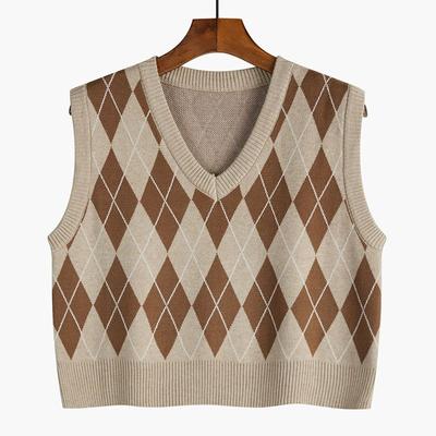 Korean Sweater Pullover Diamond Grid V-neck Vest for Women Spring and Autumn Knit Sweater Stacked Short Vest Pullover Female