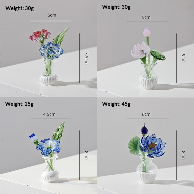 Handmade Glass Mini Flower Ornament Art Glass Artificial Flower With Small Vase Tabletop Decoration For Home Desktop Gift
