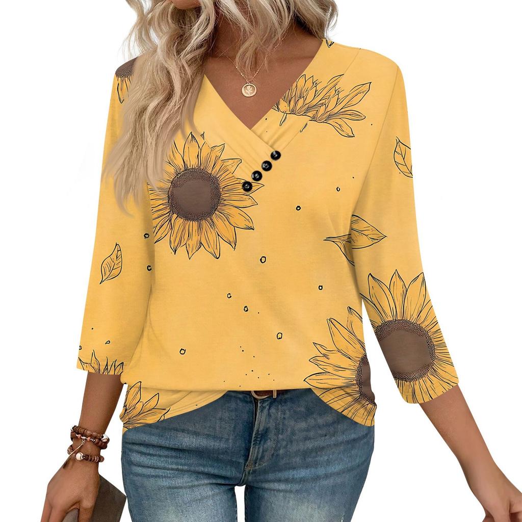 Women's Print Top Button-down V-neck T-shirt 3/4 Sleeve Loose Fashion Top