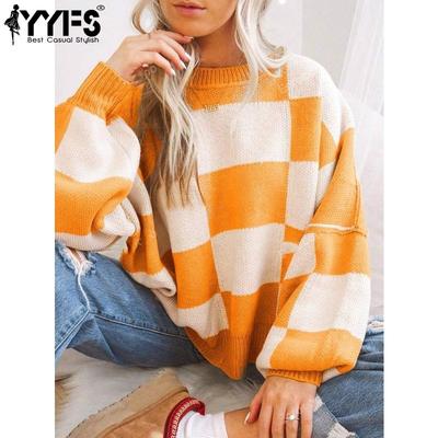 Women's Fashion Casual Fall Winter Plaid Print Long Sleeve O-Neck Sweaters