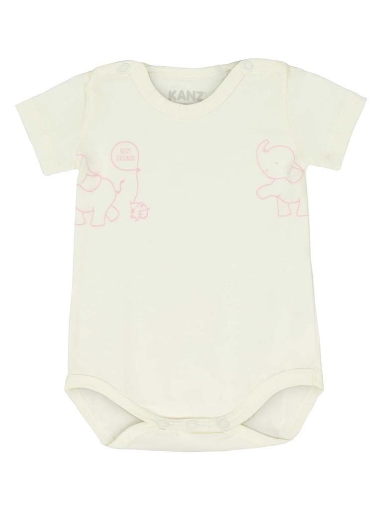 Girls' Short-Sleeved Bodysuit, Ecru, Elephants, Kanz