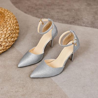 Side Empty Pointed Head Sexy Waterproof Table Silver Single Shoes Women's Fashion One-word Buckle Stiletto High Heels 2025 Summer and Autumn New