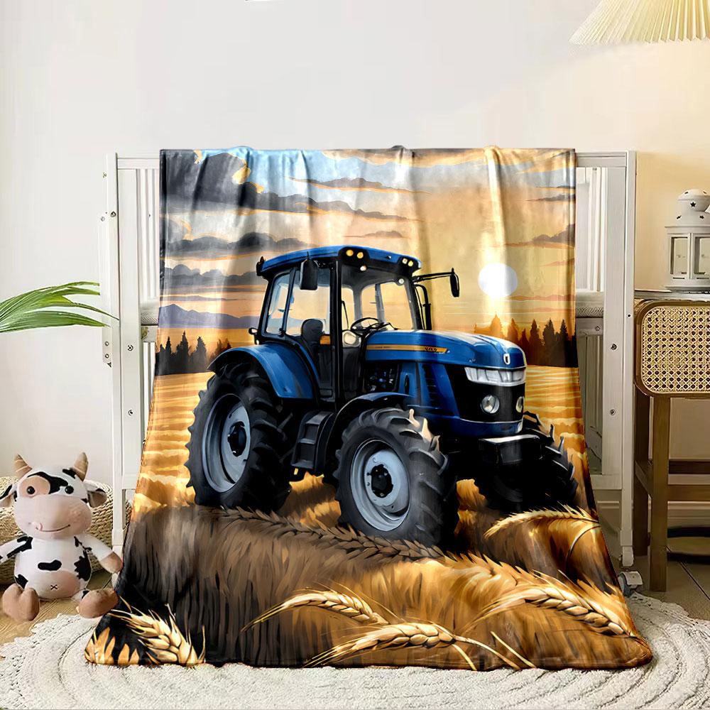 Blue Tractor in Wheat Field for all seasons blanket lunch break throw gift