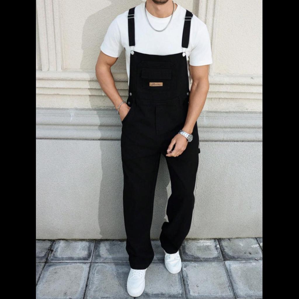 Men's Trendy Wide-Leg Black Denim Overalls - Loose Straight-Leg Jumpsuit Workwear