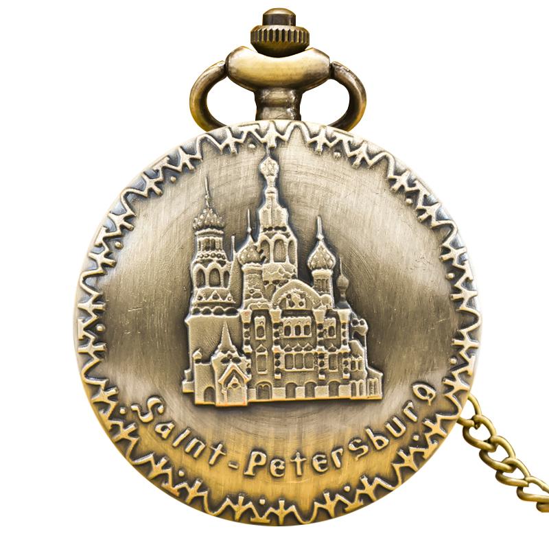 

Vintage Bronze Steampunk St. Petersburg Carved Quartz Pocket Watch Necklace Pendant Clock Chain Men Women Chain Gift бронзовий