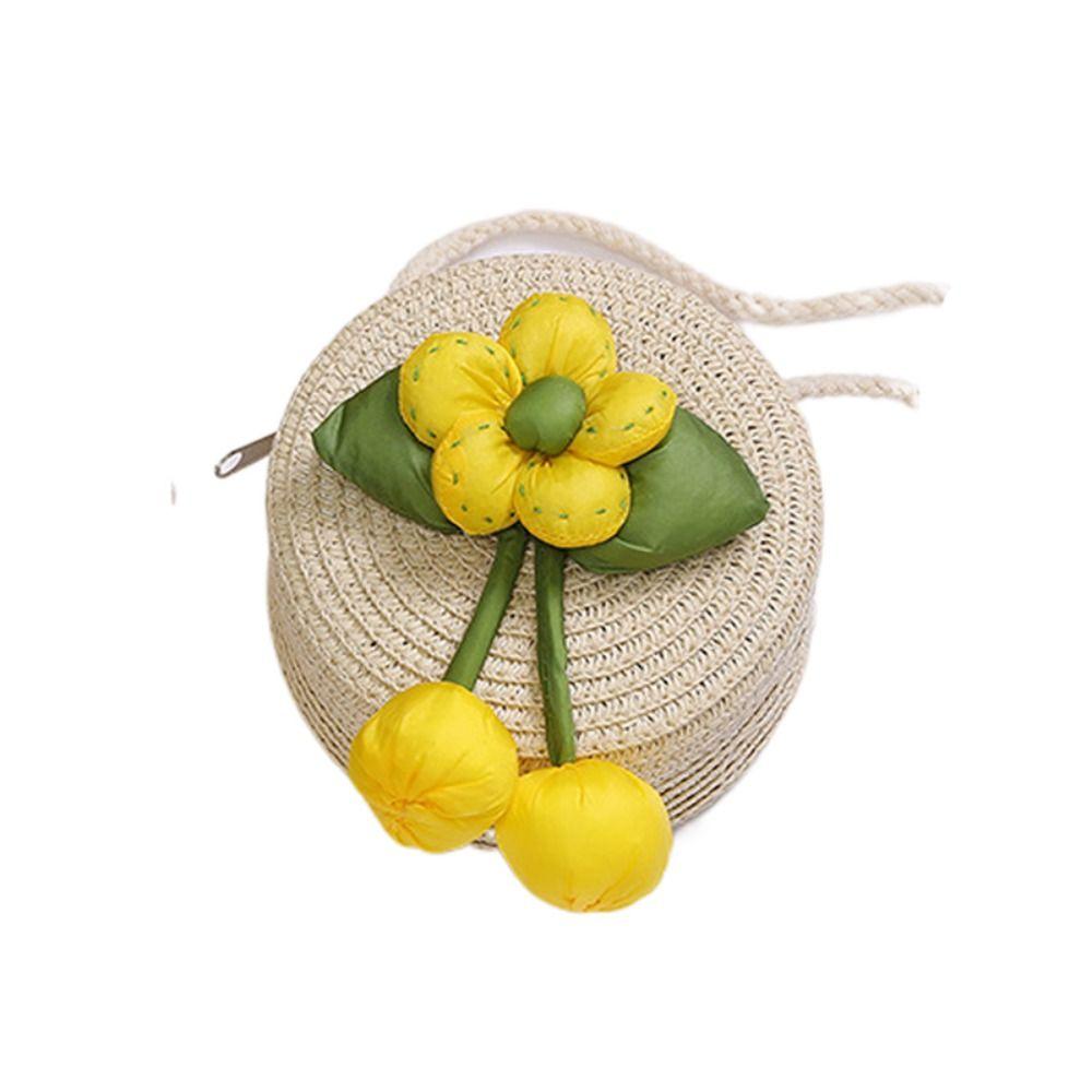 Girl Handmade Woven Straw Bag Summer Coin Purse Flower Storage Basket Zipper Photo Props Crossbody Handbag