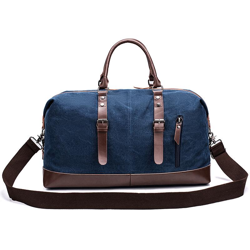 Simple Men Canvas Travel Bag PU Leather Outdoor Sports Gym Fitness Bag Large Capacity Multiple Pockets Handbag Weekend Carry On Duffel Bag