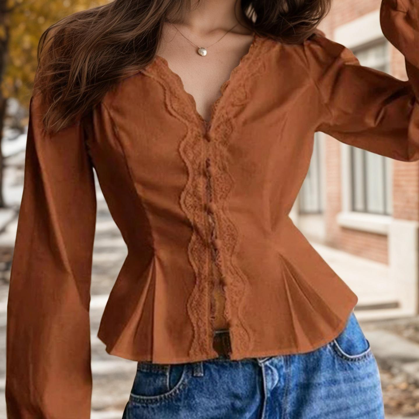 French lace long-sleeved shirt European and American autumn V-neck pleated lace-up waist single-breasted multi-button top european and american code s