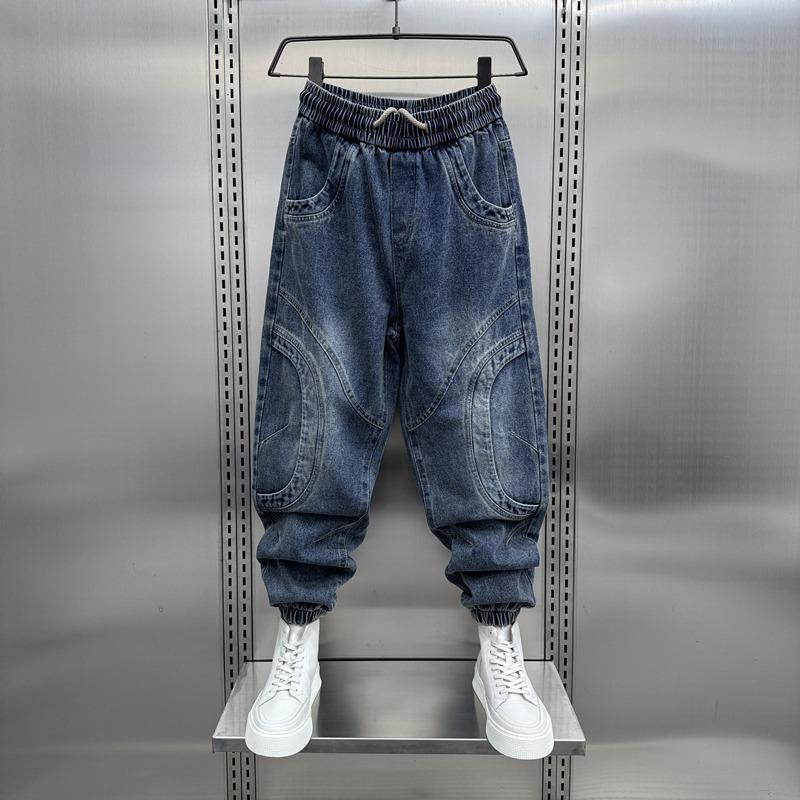 2025 Men s Blue Denim Patchwork Jogger Pants - Elastic Waist Tapered Harem Style for Spring & Autumn 3XL синий
