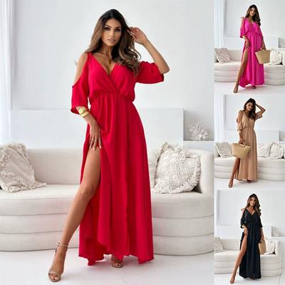 Women's Summer Maxi Dress V Neck Half Sleeve Long Dresses Casual Solid Color Middle Waistline Dress