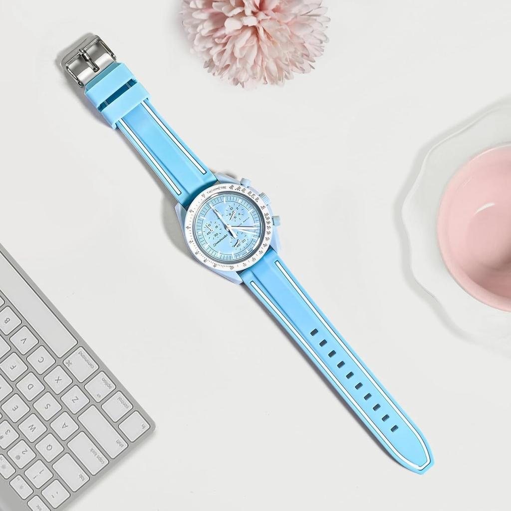 Jumpsunfun 20mm Watch Band for Swatch X OMEGA Speedmaster Silicone Watch Strap with Quick Release Replacement Light Blue with White Lines MoonSwatch,