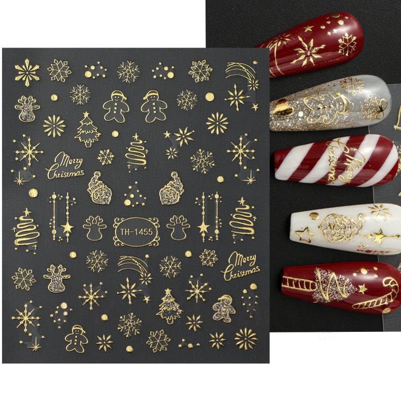 1Pcchristmas Nail Stickers Gold Foil Embossed Christmas Tree Gingerbread Man Reindeer Star Wearable Nail Stickers Phone Laptop D