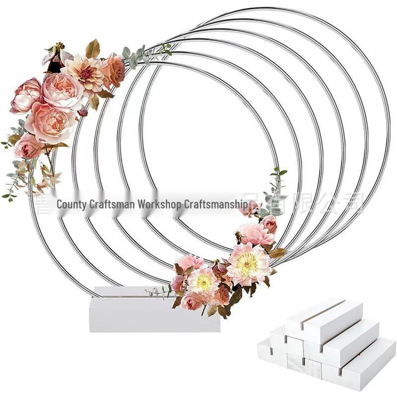 Golden Iron Dreamcatcher Floral Wreath with Wooden Base - Wedding Table Centerpiece Prop