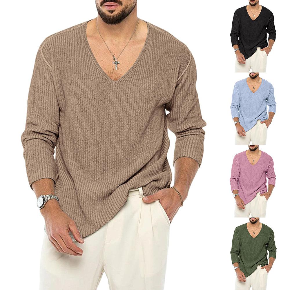 Men's V-neck Solid Color Long Sleeve Fashion Knitted Sweater