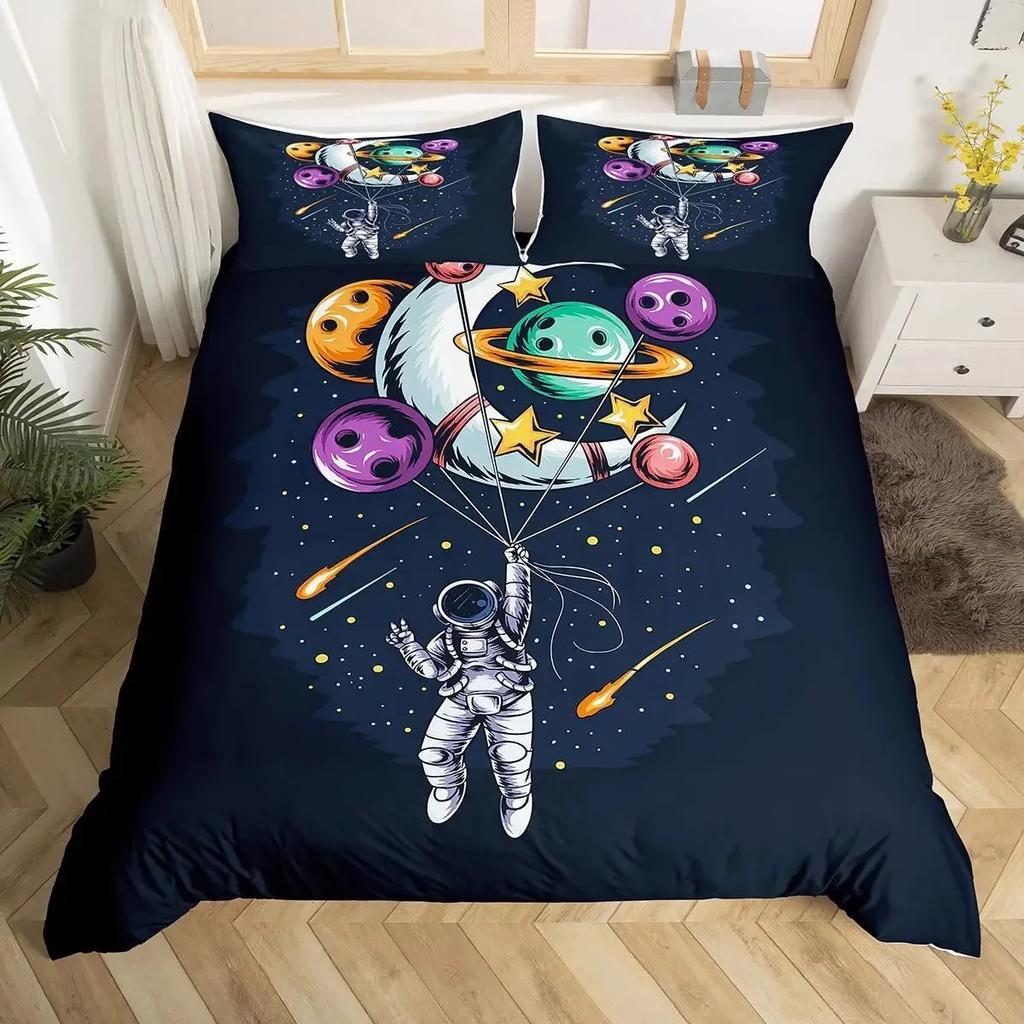 Modern Rocket Ship Duvet Cover Set Full Size,Space Ship Galaxy Bedding Set,Boys Girls Rocket Planet Star Cartoon Comforter Cover