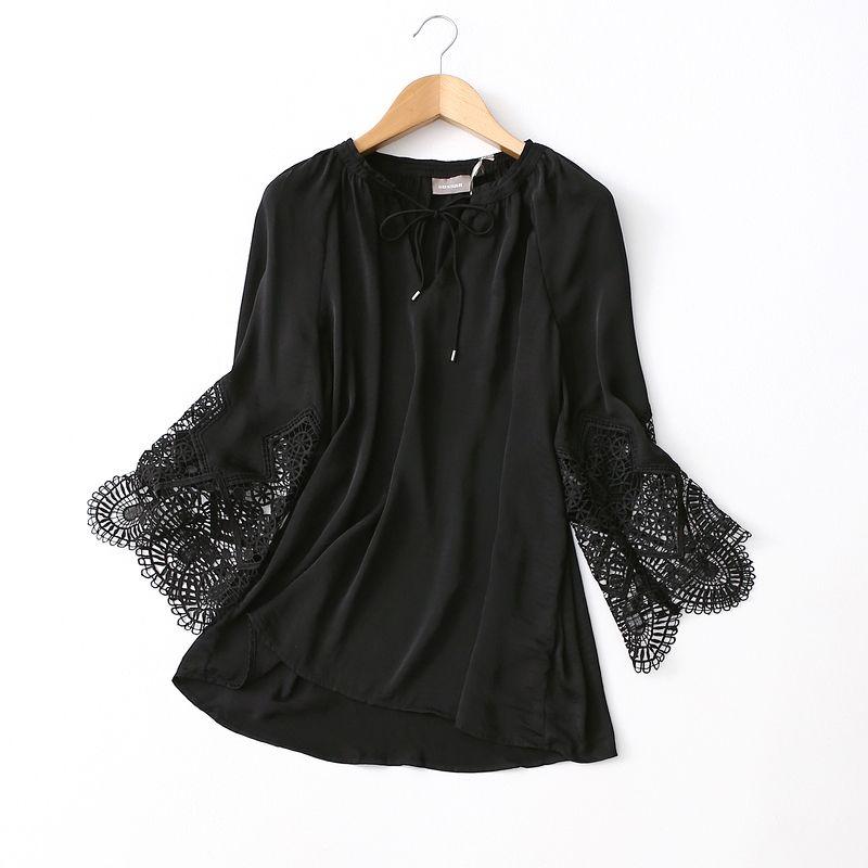 Export Export Elegant Loose Slimming V-neck Lace-up Crocheted Cut Out Bell Sleeve Chiffon Shirt Plus Size Ladies Plus Size Women's Clothing