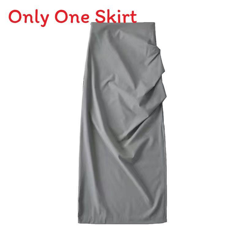 Cotton Blend High Waist Pleated Split Midi Skirt For Women Spring Summer