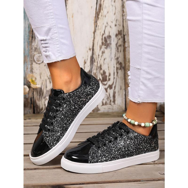 2025 Summer New Arrival Plus Size Sequined Front Lace-Up Solid Color Oversized Sneakers