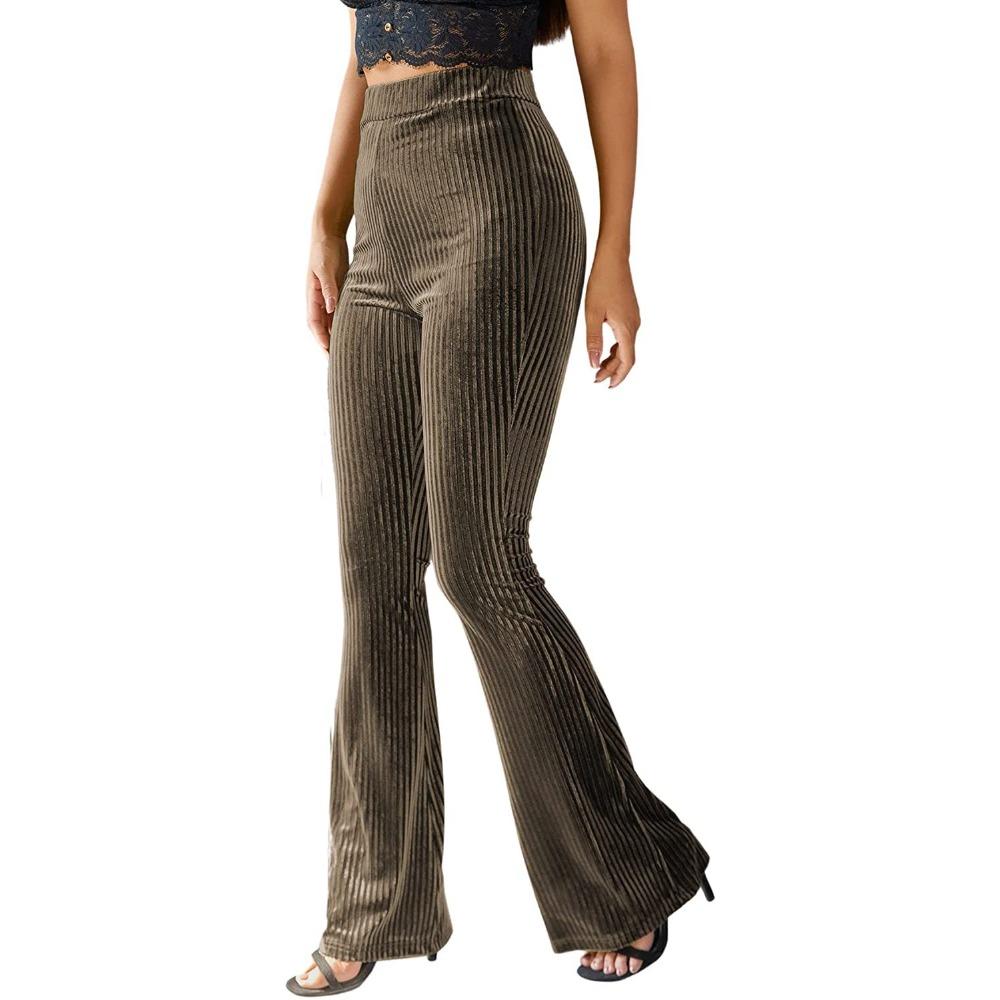 Women's High Waist Velvet Ribbed Flare Pants Slim Fit Solid Color Micro Bell Bottom Long Trousers