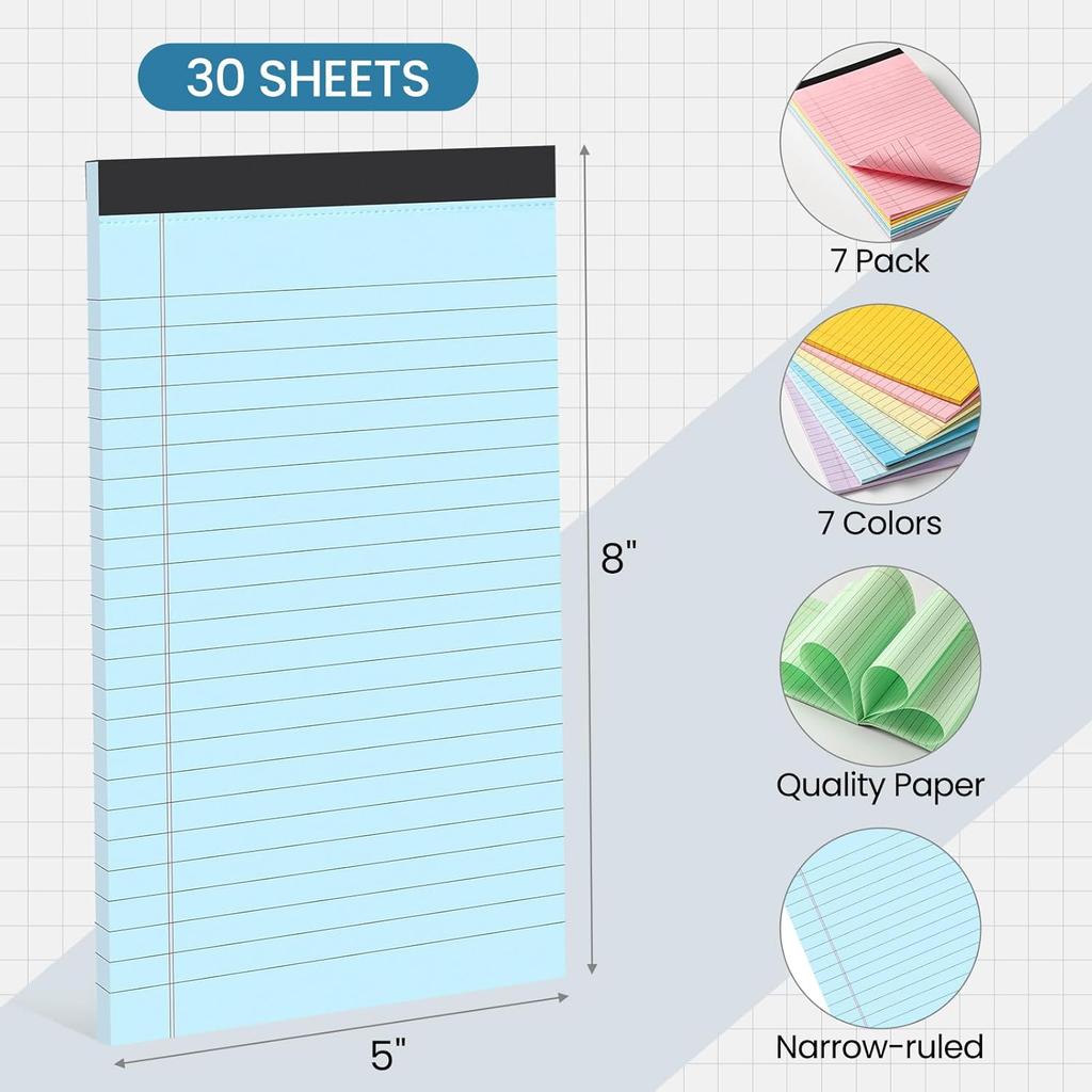 VITEVER Small Note Pads 5x8, [7 Pack] Colorful College Narrow Ruled Legal Pads,Micro Writing Pads Perforated Lined Note Paper for Study, Office,