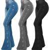 High Waist Multi Pockets Button Fly Hip Lifting Flare Jeans Washed Rivet Decor