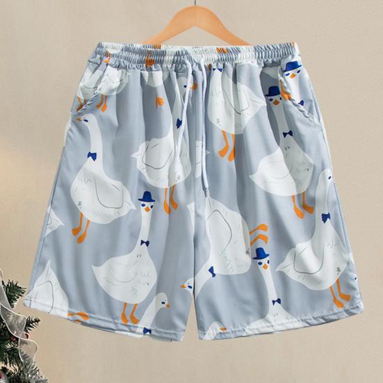 Men Beach Shorts Elastic Waist Adjustable Drawstring Cartoon Goose Print Beach Shorts Quick Drying Leisure Shorts