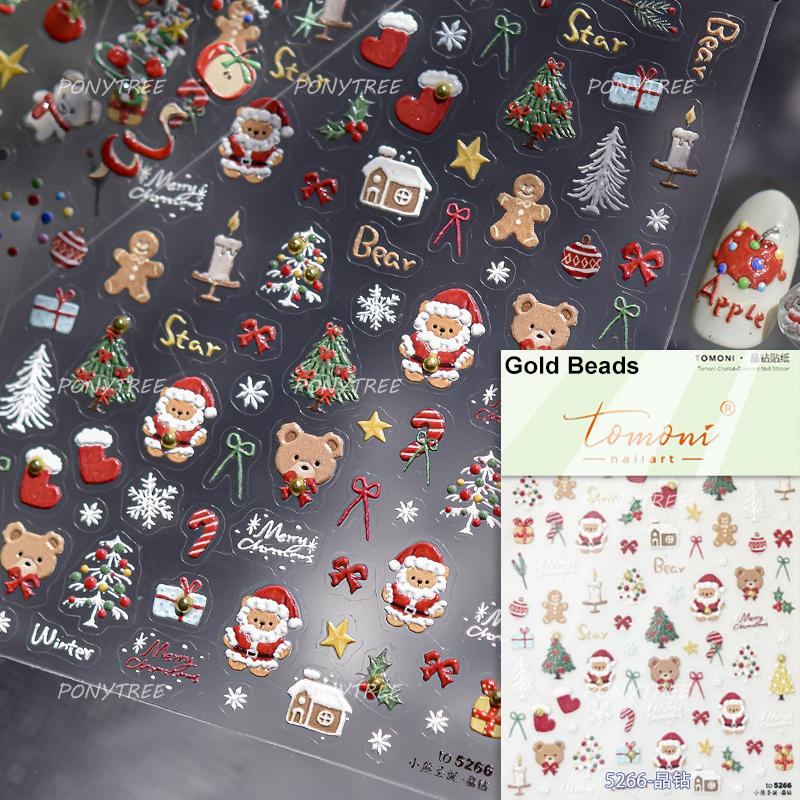 Gold Stamped Snowflake Stars White Christmas Tree Red Bowknot Cute 3D Nail Art Stickers Xmas Lovely Manicure Decals