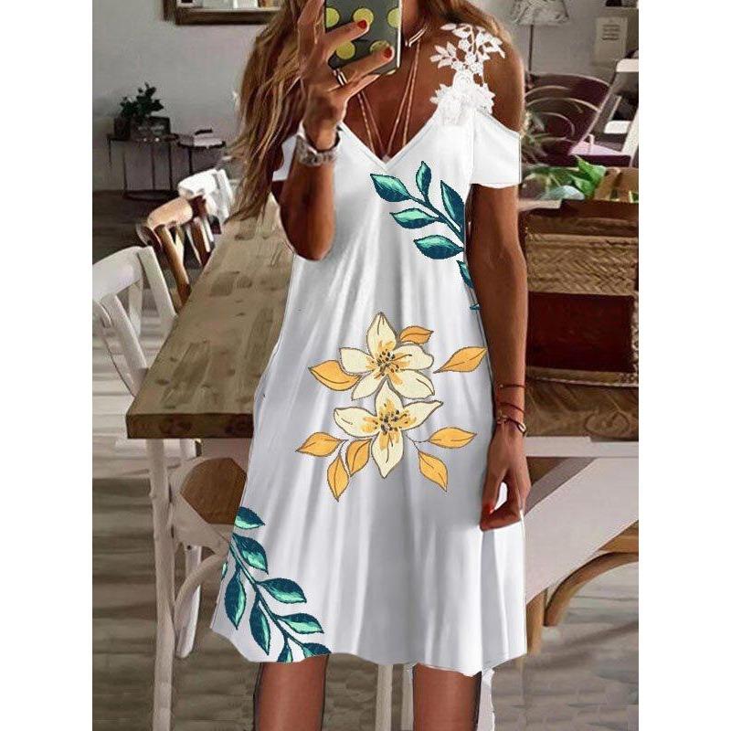Vestido de Verano con Hombros Descubiertos de Encaje y Manga Corta Nuevo Estampado Holgado Casual Vestidos de Fiesta Moda Femenina Elegante Línea A Talla Grande Ropa Dulce