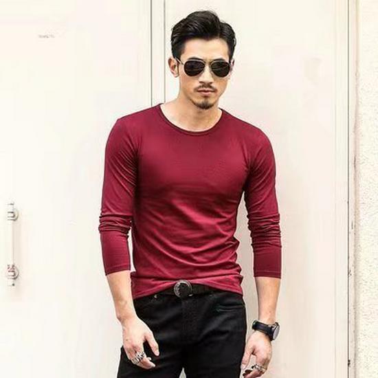 Men's Slim Fit Long-Sleeve Round Neck T-Shirt - Solid Color Autumn Top