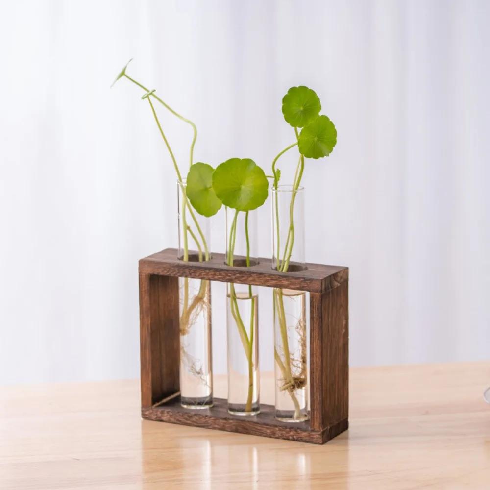 Modern Simple Transparent Tube Glass Vase Hydroponic Planter with Wooden Stand Desktop Plant for Wedding Home Decoration