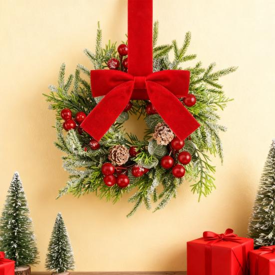 Christmas Mini Cabinet Wreaths Artificial Norfolk Pine Wreath with Ribbon Bows Red Berry Pinecones Small Kitchen Wreath for Window Door Wall Decor
