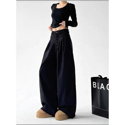 New Drapey Buttoned Loose Wide-leg Floor-length Trousers American Retro Design Casual Pants for Women
