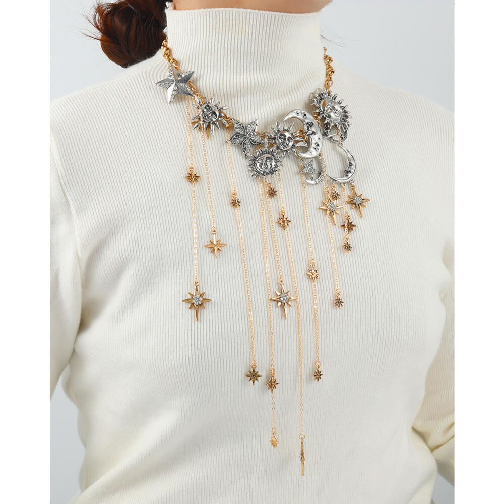 Vintage Metal Stars Moon Tassels Waterfall Pendant Necklaces for Women Men Y2K Hiphop Punk Party Jewelry Neck Accessories