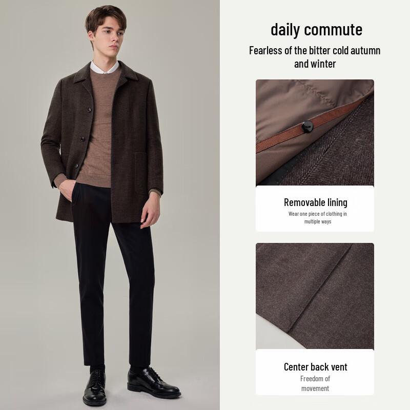 EMZ Erdos Men's Mid-Length Wool Coat with Cashmere Lining