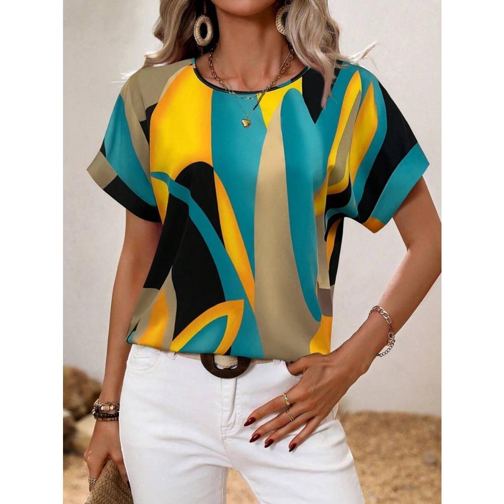 Women's Round Neck T-shirt Summer Outdoor Fashion Short-sleeved Tops Oversize Loose Ladies Clothing Flower Printing Trend Style