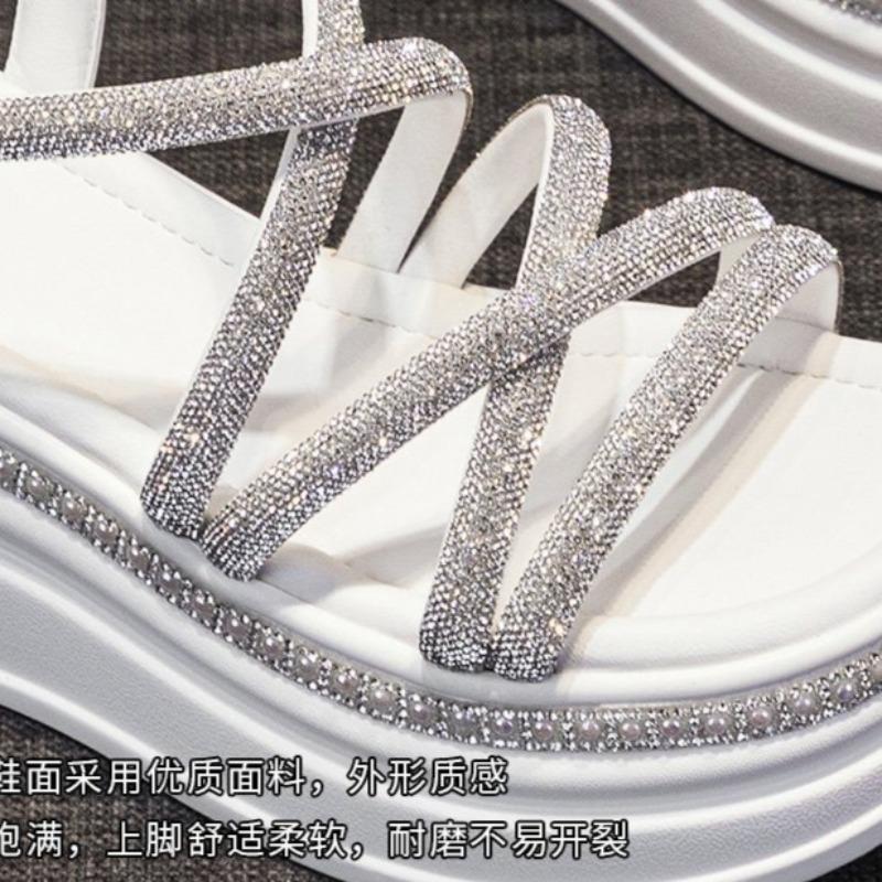 Mode Damen Plateau Sandalen Mode Kristall Sandalen Kreuzriemen Keilabsatz Sandale Sommer Römische Schuhe Offene Zehe Strandsandalen für Damen