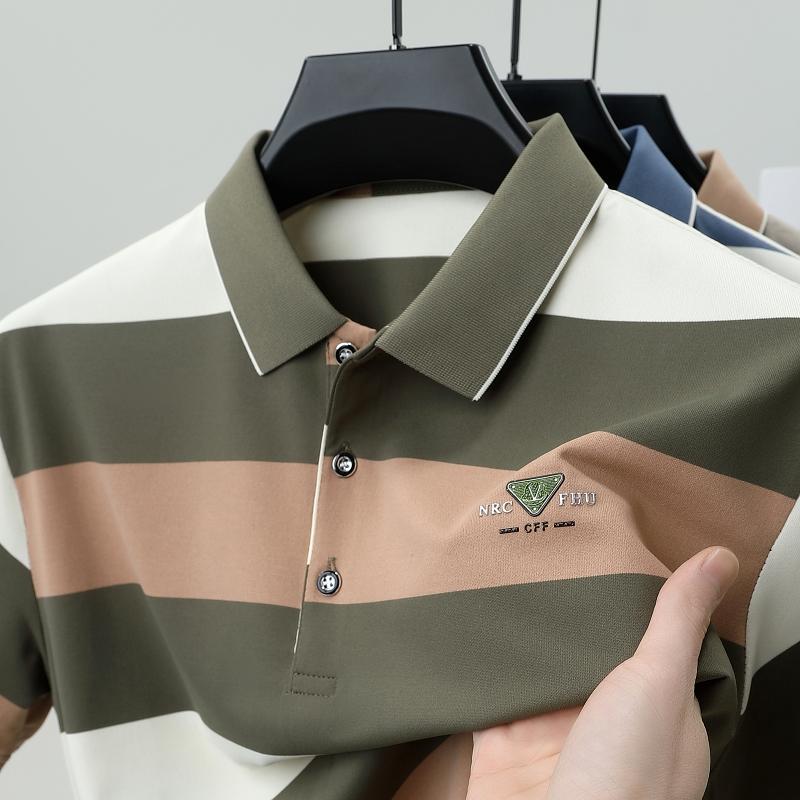 Luxury brand emboss short sleeve polo shirt fashion T-shirt stripe color blocked summer pure cotton comfort casual men's wear