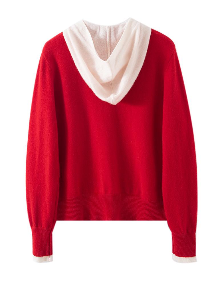 Women's 100% Pure Wool Color Block Cardigan Hoodie - Loose Knit Button-Up Sweater Coat
