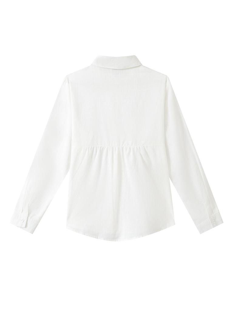 Solid Color Pleated Long-sleeve Women's Bamboo Cotton Lapel Top