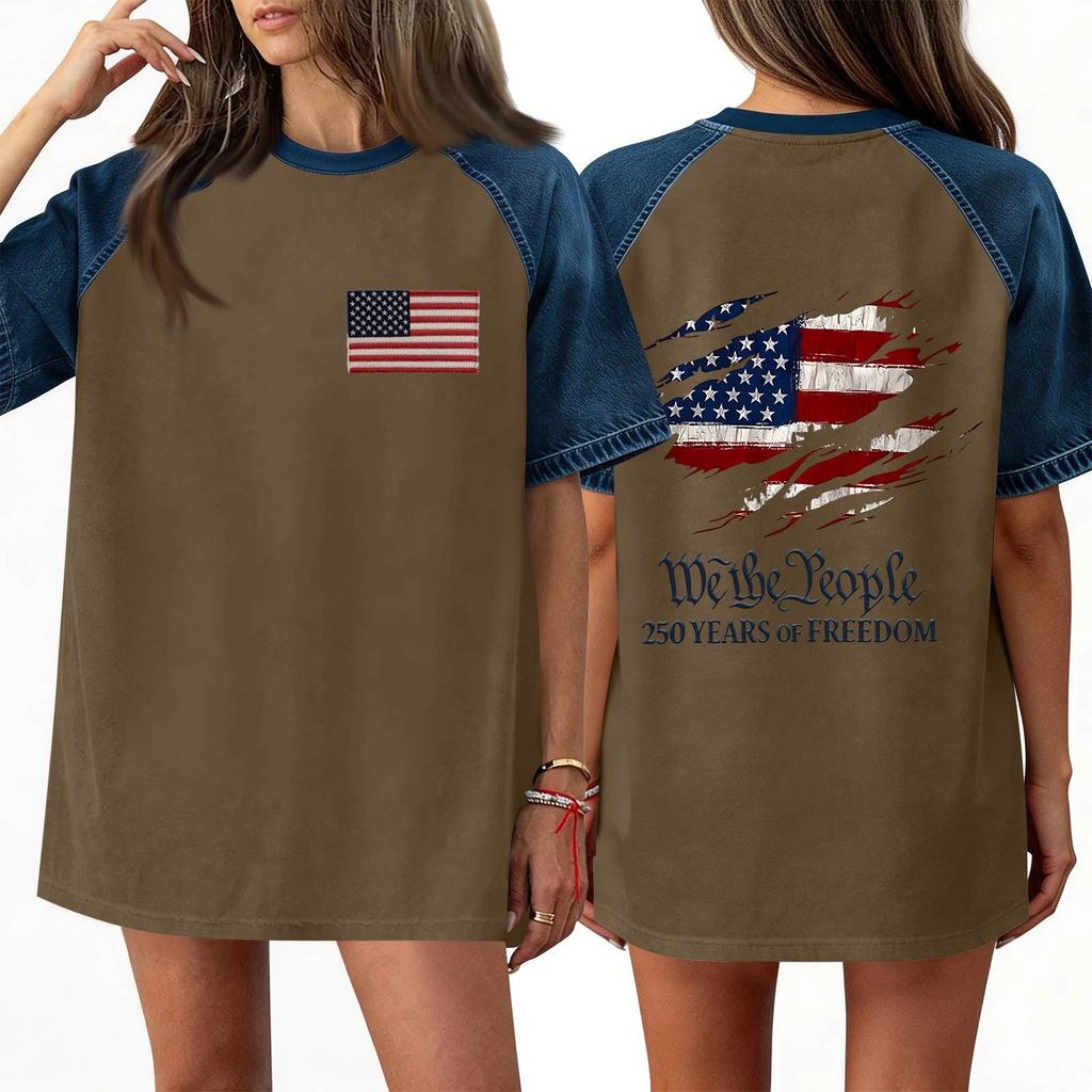 Denim Patchwork Shirts For Women Stand Collar Casual Blouse Short Sleeve Comfy Tshirt Spring Summer Fashion