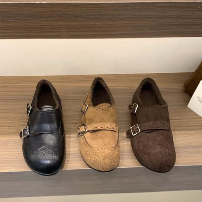 Retro Suede Small Leather Shoes Loafer Single Shoes Women's Shoes Autumn and Winter Plush Shoes Warm Cotton Shoes
