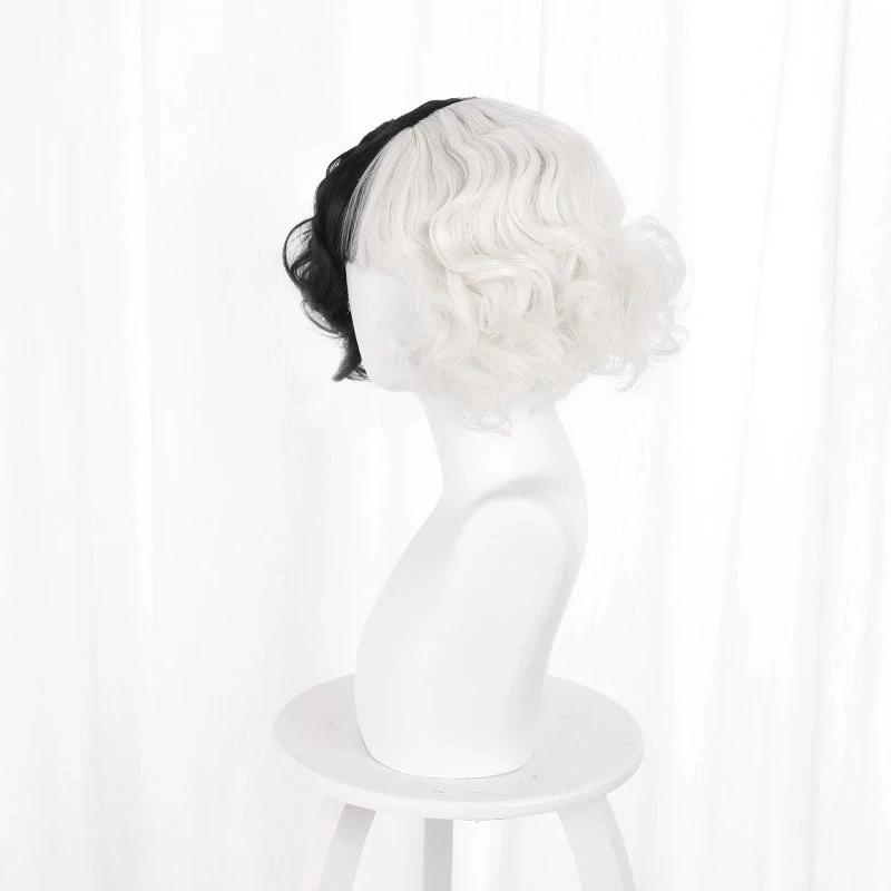 Cruella De Vil Kuila Half Black Half A Hundred Small Short Curly Cos Synthetic Wig Caps for Making Wigs Danganronpa