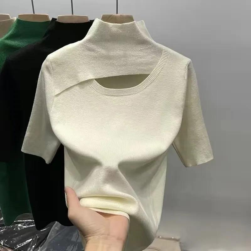 

Трикотажная футболка женская с коротким рукавом, тонкие футболки, летние повседневные футболки 2025 года, женские рубашки, корейская модная женская одежда M белый