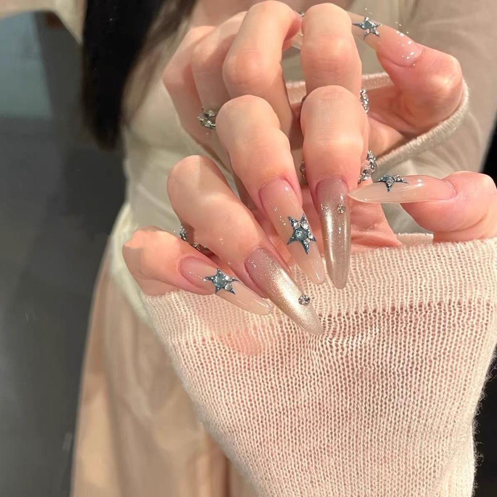 Naked spar blue star cat's eye pure hand-worn nail ice transparent ins wind advanced nail patch fake nail