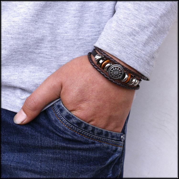 Vintage Men Bead's Leather Bracelet Handmade Leather Cuff Bracelet Punk Style Leather Wrap Wristband for Men
