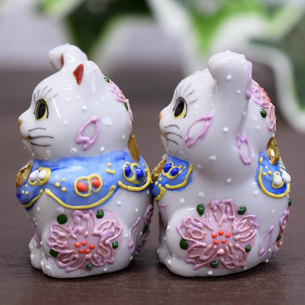 Waza No Kura Ornament Kutani Ware Chibi Lucky Cat Opening Celebration Birthday Present Pair Gift Sakura-chan